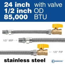 Cambridge 1/2 In. OD X 1/2 In. MIP X 1/2 In. FIP Ball Valve X 24 In. Stainless Steel Standard Gas Connector (85,000 BTU) -Fire Place Store cambridge gas fittings connectors c gc 121212mf 24vec 1f 1000