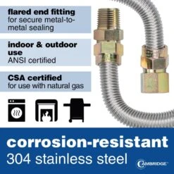 Cambridge 5/8 In. OD X 1/2 In. MIP X 1/2 In. FIP X 12 In. Stainless Steel Standard Gas Connector (180,000 BTU) -Fire Place Store cambridge gas fittings connectors c gc 581212mf 12ec 44 1000