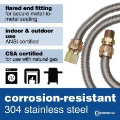 Cambridge 5/8 In. OD X 1/2 In. MIP X 1/2 In. FIP X 48 In. Stainless Steel Standard Gas Connector (106,000 BTU) -Fire Place Store cambridge gas fittings connectors c gc 581212mf 48ec 44 1000