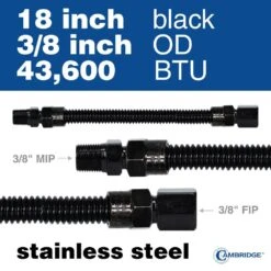 Cambridge 3/8 In. OD X 3/8 In. MIP X 3/8 In. FIP X 18 In. Stainless Steel Black Coated Gas Connector (43,800 BTU) -Fire Place Store cambridge gas fittings connectors c gcb 383838mf 18ec 1f 1000