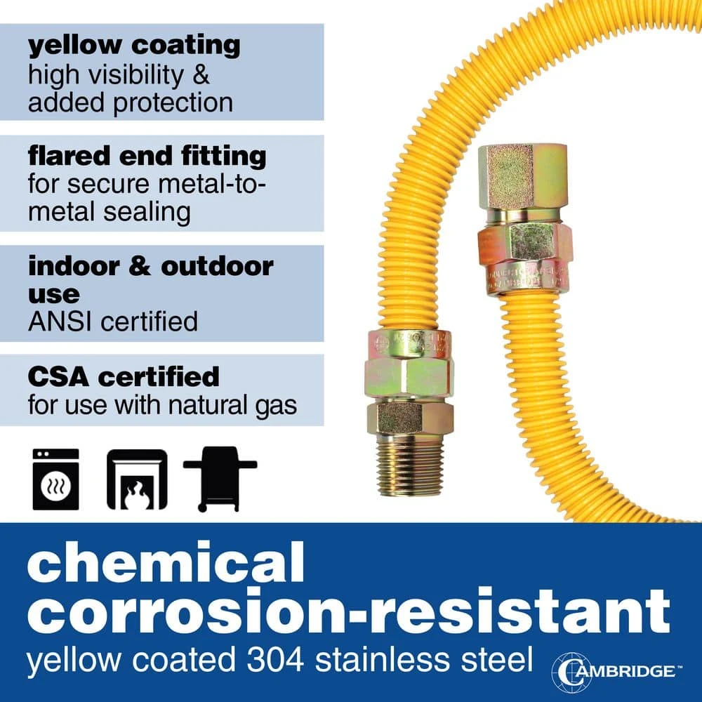 Cambridge 5/8 In. OD X 1/2 In. MIP X 1/2 In. FIP X 18 In. Stainless Steel Yellow Coated Gas Connector (164,200 BTU) 5 Cambridge 5/8 In. OD X 1/2 In. MIP X 1/2 In. FIP X 18 In. Stainless Steel Yellow Coated Gas Connector (164,200 BTU) - Image 5