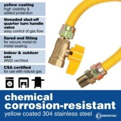 Cambridge 5/8 In. OD X 1/2 In. MIP X 1/2 In. FIP Ball Valve X 18 In. Stainless Steel Yellow Coated Gas Connector (164,200 BTU) -Fire Place Store cambridge gas fittings connectors c gcy 581212mf 18vec 44 1000