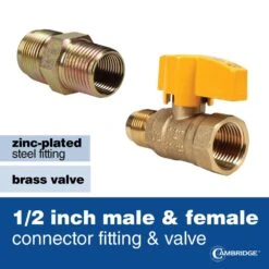 Cambridge 5/8 In. OD X 1/2 In. MIP X 1/2 In. FIP Ball Valve X 36 In. Stainless Steel Yellow Coated Gas Connector (125,000 BTU) 9 Cambridge 5/8 In. OD X 1/2 In. MIP X 1/2 In. FIP Ball Valve X 36 In. Stainless Steel Yellow Coated Gas Connector (125,000 BTU) -Fire Place Store cambridge gas fittings connectors c gcy 581212mf 36vec 4f 1000