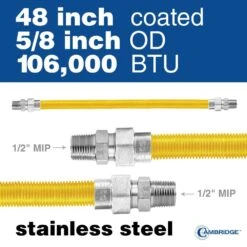 Cambridge 5/8 In. OD X 1/2 In. MIP X 1/2 In. MIP X 48 In. Stainless Steel Yellow Coated Gas Connector (106,000 BTU) -Fire Place Store cambridge gas fittings connectors c gcy 581212mm 48ec 1f 1000