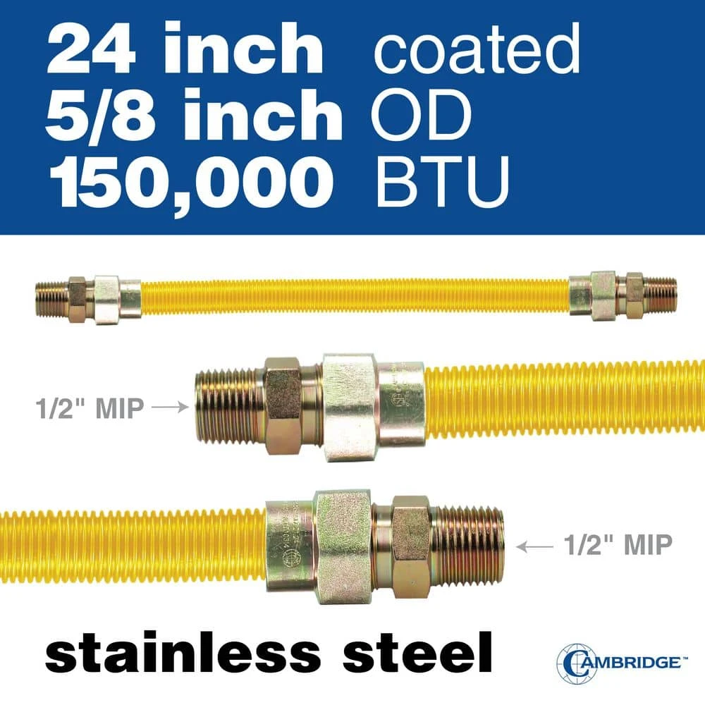Cambridge 5/8 In. OD X 1/2 In. MIP X 1/2 In. MIP X 24 In. Stainless Steel Yellow Coated Gas Connector (150,000 BTU) 4 Cambridge 5/8 In. OD X 1/2 In. MIP X 1/2 In. MIP X 24 In. Stainless Steel Yellow Coated Gas Connector (150,000 BTU) - Image 4