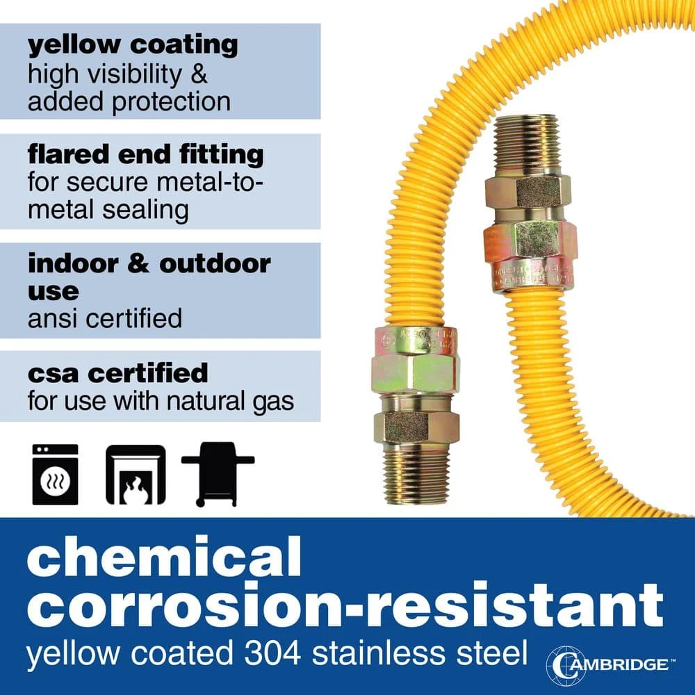 Cambridge 5/8 In. OD X 1/2 In. MIP X 1/2 In. MIP X 24 In. Stainless Steel Yellow Coated Gas Connector (150,000 BTU) 5 Cambridge 5/8 In. OD X 1/2 In. MIP X 1/2 In. MIP X 24 In. Stainless Steel Yellow Coated Gas Connector (150,000 BTU) - Image 5