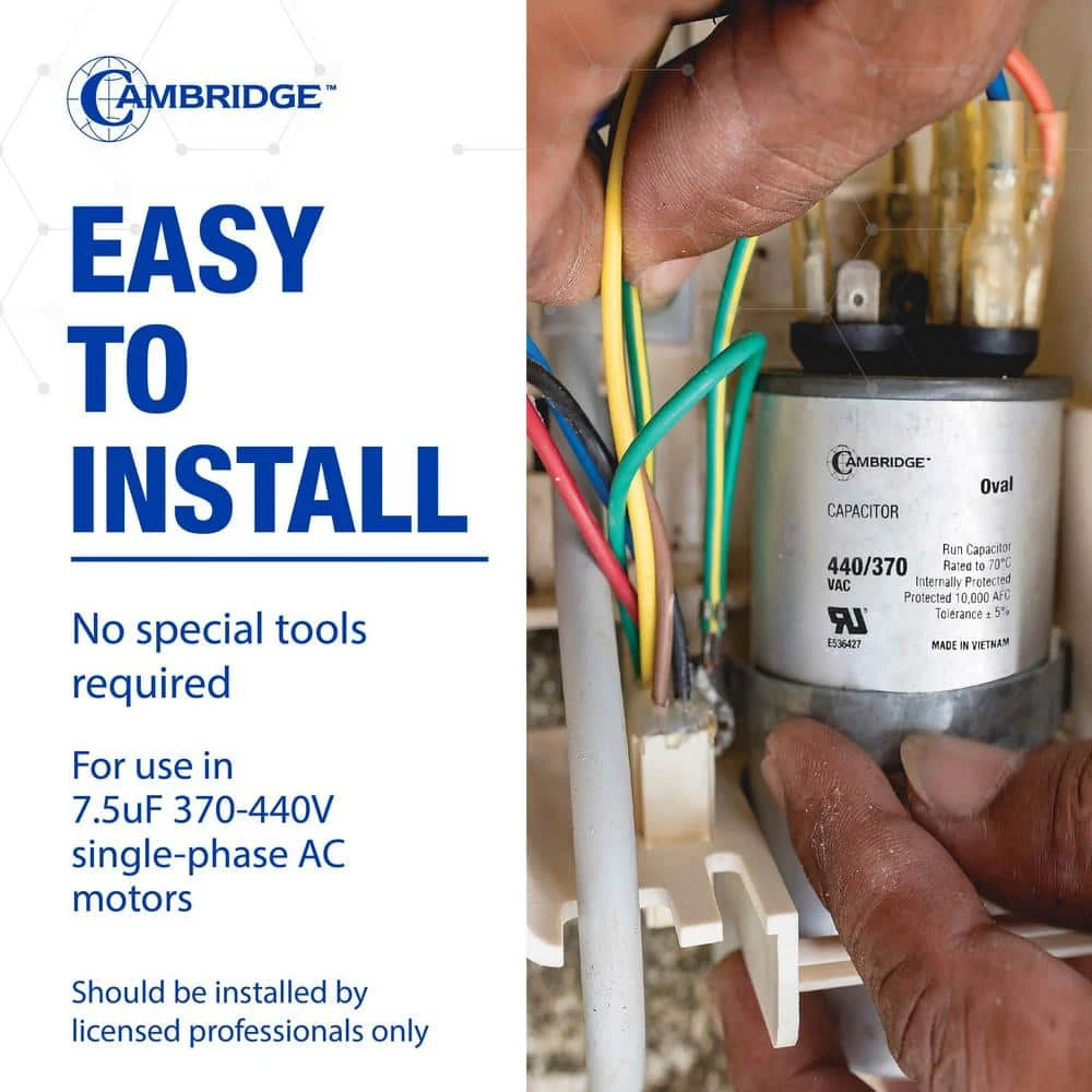 Cambridge 2.01 In. X 1.22 In. X 2.17 In. Aluminum 7.5 MFD 440-Volt/370-Volt Single Oval Run Capacitor (1-Pack) 7 Cambridge 2.01 In. X 1.22 In. X 2.17 In. Aluminum 7.5 MFD 440-Volt/370-Volt Single Oval Run Capacitor (1-Pack) - Image 7