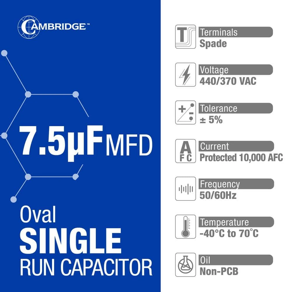 Cambridge 2.01 In. X 1.22 In. X 2.17 In. Aluminum 7.5 MFD 440-Volt/370-Volt Single Oval Run Capacitor (1-Pack) 3 Cambridge 2.01 In. X 1.22 In. X 2.17 In. Aluminum 7.5 MFD 440-Volt/370-Volt Single Oval Run Capacitor (1-Pack) - Image 3