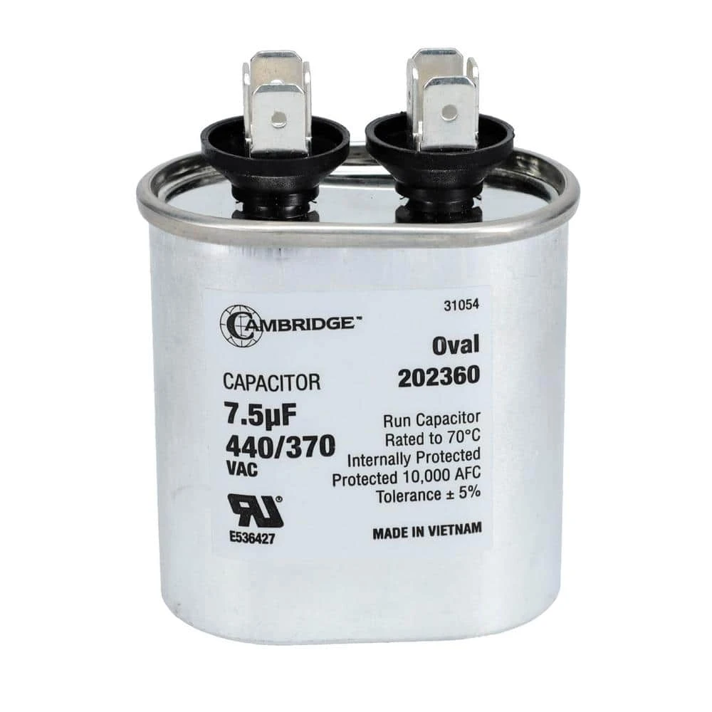 Cambridge 2.01 In. X 1.22 In. X 2.17 In. Aluminum 7.5 MFD 440-Volt/370-Volt Single Oval Run Capacitor (1-Pack) 1 Cambridge 2.01 In. X 1.22 In. X 2.17 In. Aluminum 7.5 MFD 440-Volt/370-Volt Single Oval Run Capacitor (1-Pack)