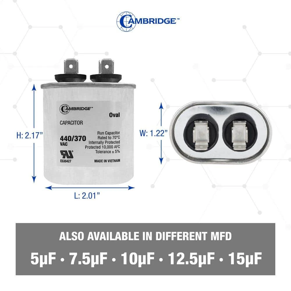 Cambridge 2.01 In. X 1.22 In. X 2.17 In. Aluminum 7.5 MFD 440-Volt/370-Volt Single Oval Run Capacitor (1-Pack) 2 Cambridge 2.01 In. X 1.22 In. X 2.17 In. Aluminum 7.5 MFD 440-Volt/370-Volt Single Oval Run Capacitor (1-Pack) - Image 2