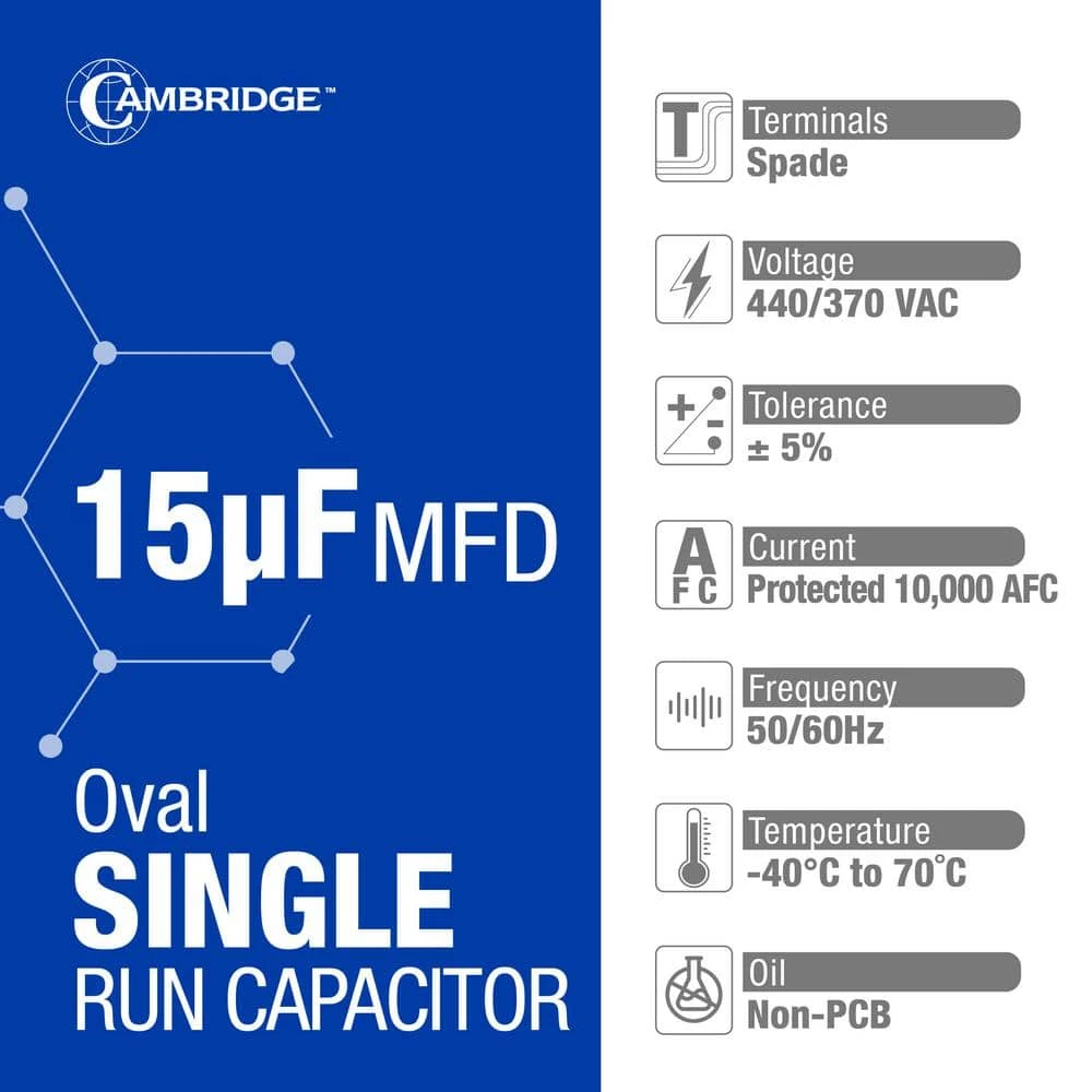 Cambridge 2.01 In. X 1.22 In. X 3.15 In. Aluminum 15 MFD 440-Volt/370-Volt Single Oval Run Capacitor (1-Pack) 3 Cambridge 2.01 In. X 1.22 In. X 3.15 In. Aluminum 15 MFD 440-Volt/370-Volt Single Oval Run Capacitor (1-Pack) - Image 3