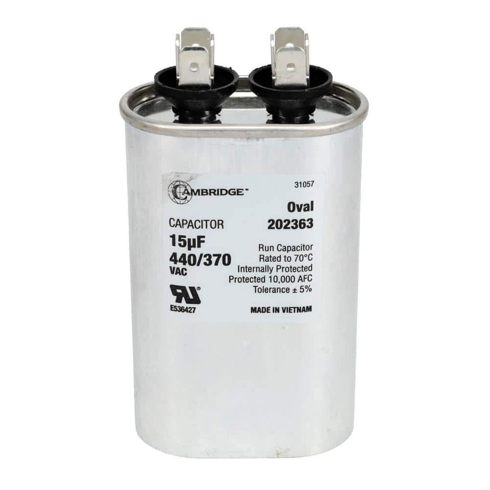 Cambridge 2.01 In. X 1.22 In. X 3.15 In. Aluminum 15 MFD 440-Volt/370-Volt Single Oval Run Capacitor (1-Pack) 1 Cambridge 2.01 In. X 1.22 In. X 3.15 In. Aluminum 15 MFD 440-Volt/370-Volt Single Oval Run Capacitor (1-Pack)