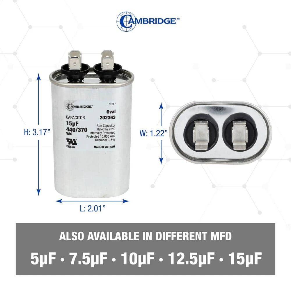 Cambridge 2.01 In. X 1.22 In. X 3.15 In. Aluminum 15 MFD 440-Volt/370-Volt Single Oval Run Capacitor (1-Pack) 2 Cambridge 2.01 In. X 1.22 In. X 3.15 In. Aluminum 15 MFD 440-Volt/370-Volt Single Oval Run Capacitor (1-Pack) - Image 2
