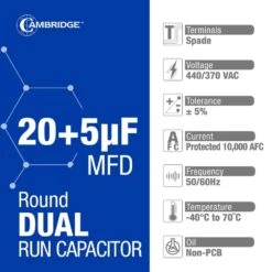 Cambridge 1.97 In. X 1.97 In. X 2.56 In. Aluminum 20 Plus 5 MFD 440-Volt/370-Volt Dual Round Run Capacitor (1-Pack) -Fire Place Store cambridge grow room ventilation 202364pm 4f 1000