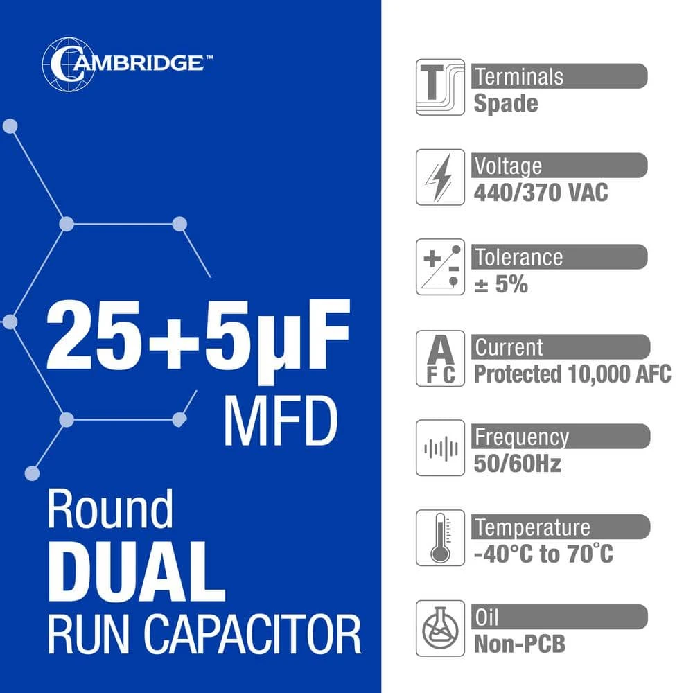 Cambridge 1.97 In. X 1.97 In. X 3.35 In. Aluminum 25 Plus 5 MFD 440-Volt/370-Volt Dual Round Run Capacitor (1-Pack) 3 Cambridge 1.97 In. X 1.97 In. X 3.35 In. Aluminum 25 Plus 5 MFD 440-Volt/370-Volt Dual Round Run Capacitor (1-Pack) - Image 3