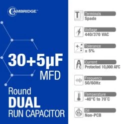 Cambridge 1.97 In. X 1.97 In. X 3.35 In. Aluminum 30 Plus 5 MFD, 440-Volt/370-Volt Dual Round Run Capacitor (1-Pack) -Fire Place Store cambridge grow room ventilation 202366pm 4f 1000