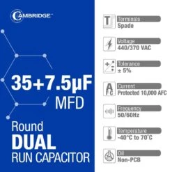 Cambridge 1.97 In. X 1.97 In. X 3.35 In. Aluminum 35 Plus 7.5 MFD, 440-Volt/370-Volt Dual Round Run Capacitor (1-Pack) -Fire Place Store cambridge grow room ventilation 202368pm 4f 1000