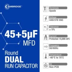 Cambridge 1.97 In. X 1.97 In. X 3.94 In. Aluminum 45 Plus 5 MFD, 440-Volt/370-Volt Dual Round Run Capacitor (1-Pack) -Fire Place Store cambridge grow room ventilation 202370pm 4f 1000