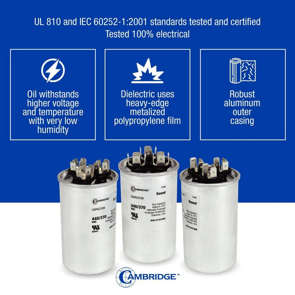 Cambridge 1.97 In. X 1.97 In. X 3.94 In. Aluminum 50 Plus 5 MFD, 440-Volt/370-Volt Dual Round Run Capacitor (1-Pack) 5 Cambridge 1.97 In. X 1.97 In. X 3.94 In. Aluminum 50 Plus 5 MFD, 440-Volt/370-Volt Dual Round Run Capacitor (1-Pack) - Image 5