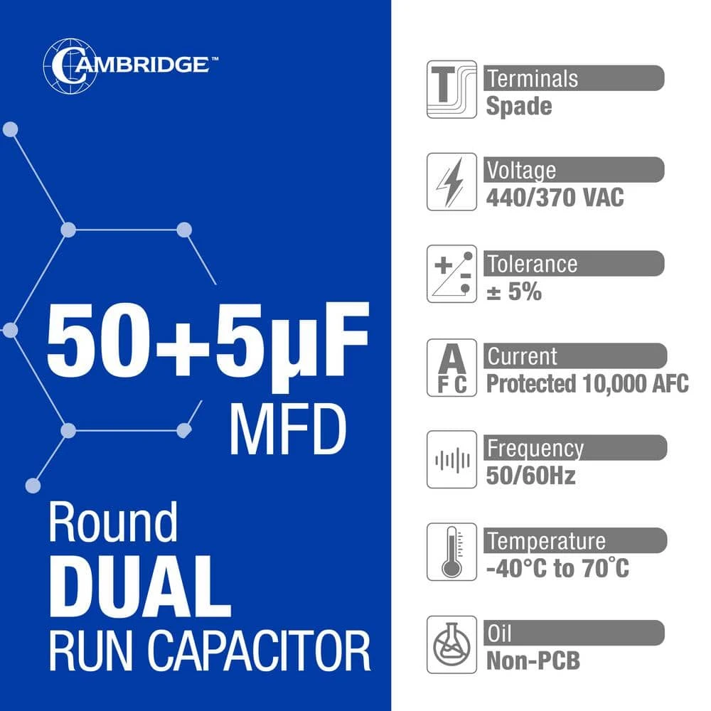 Cambridge 1.97 In. X 1.97 In. X 3.94 In. Aluminum 50 Plus 5 MFD, 440-Volt/370-Volt Dual Round Run Capacitor (1-Pack) 3 Cambridge 1.97 In. X 1.97 In. X 3.94 In. Aluminum 50 Plus 5 MFD, 440-Volt/370-Volt Dual Round Run Capacitor (1-Pack) - Image 3