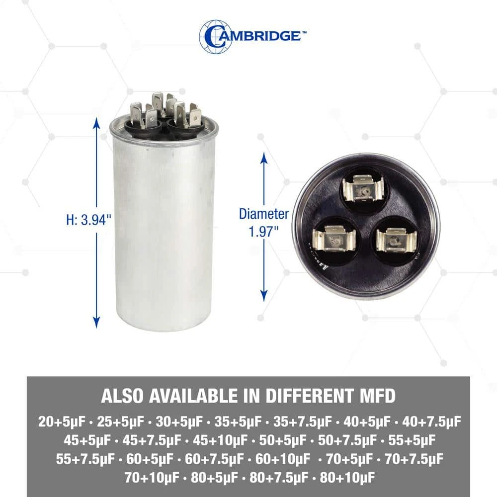 Cambridge 1.97 In. X 1.97 In. X 3.94 In. Aluminum 55 Plus 5 MFD, 440-Volt/370-Volt Dual Round Run Capacitor (1-Pack) 2 Cambridge 1.97 In. X 1.97 In. X 3.94 In. Aluminum 55 Plus 5 MFD, 440-Volt/370-Volt Dual Round Run Capacitor (1-Pack) - Image 2