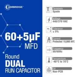 Cambridge 1.97 In. X 1.97 In. X 4.53 In. Aluminum 60 Plus 5 MFD, 440-Volt/370-Volt Dual Round Run Capacitor (1-Pack) -Fire Place Store cambridge grow room ventilation 202375pm 4f 1000