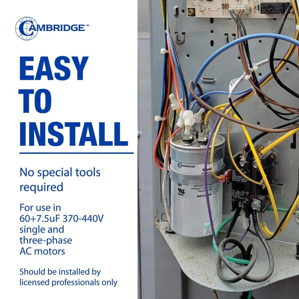 Cambridge 2.17 In. X 2.17 In. X 4.13 In. Aluminum 60 Plus 7.5 MFD, 440-Volt/370-Volt Dual Round Run Capacitor (1-Pack) 7 Cambridge 2.17 In. X 2.17 In. X 4.13 In. Aluminum 60 Plus 7.5 MFD, 440-Volt/370-Volt Dual Round Run Capacitor (1-Pack) - Image 7