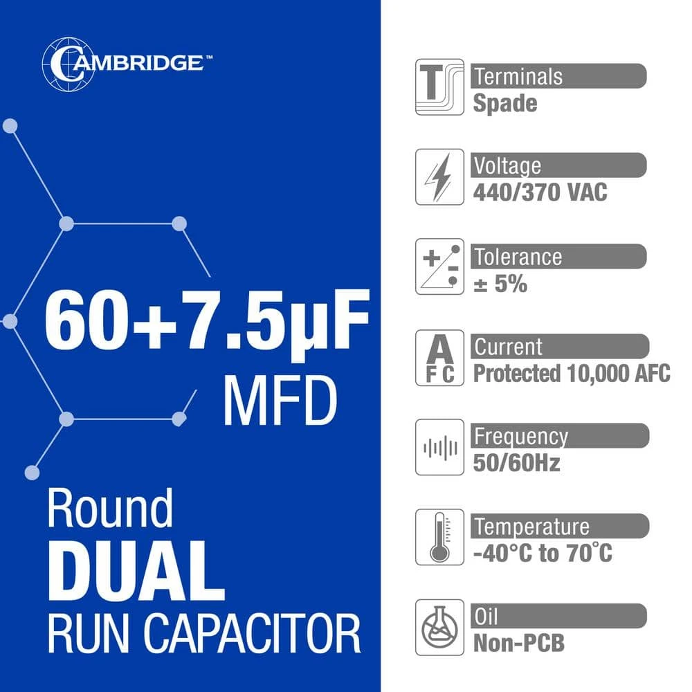 Cambridge 2.17 In. X 2.17 In. X 4.13 In. Aluminum 60 Plus 7.5 MFD, 440-Volt/370-Volt Dual Round Run Capacitor (1-Pack) 3 Cambridge 2.17 In. X 2.17 In. X 4.13 In. Aluminum 60 Plus 7.5 MFD, 440-Volt/370-Volt Dual Round Run Capacitor (1-Pack) - Image 3