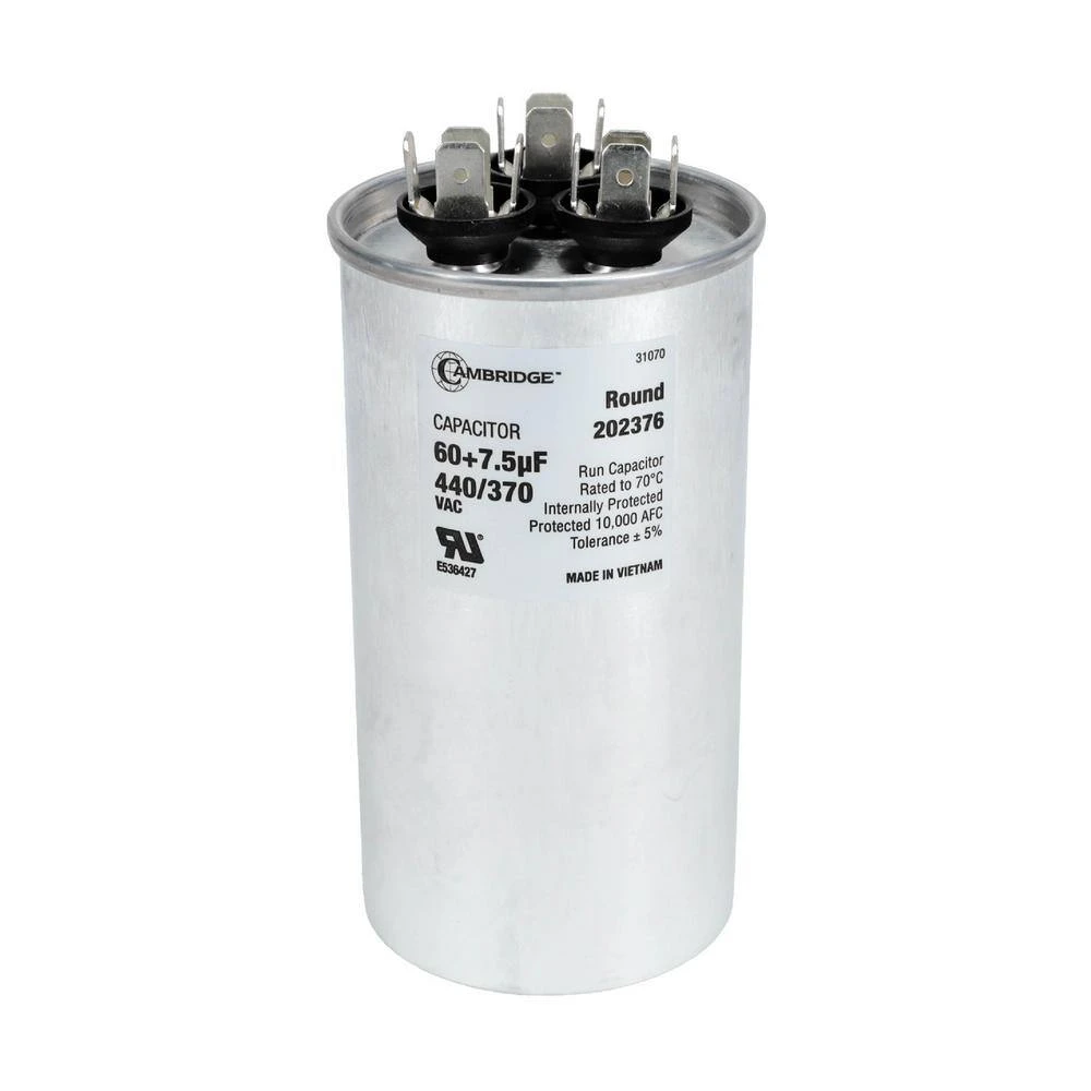 Cambridge 2.17 In. X 2.17 In. X 4.13 In. Aluminum 60 Plus 7.5 MFD, 440-Volt/370-Volt Dual Round Run Capacitor (1-Pack) 1 Cambridge 2.17 In. X 2.17 In. X 4.13 In. Aluminum 60 Plus 7.5 MFD, 440-Volt/370-Volt Dual Round Run Capacitor (1-Pack)