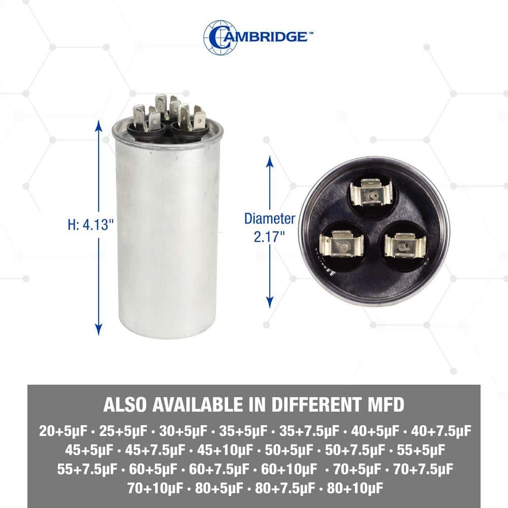 Cambridge 2.17 In. X 2.17 In. X 4.13 In. Aluminum 60 Plus 7.5 MFD, 440-Volt/370-Volt Dual Round Run Capacitor (1-Pack) 2 Cambridge 2.17 In. X 2.17 In. X 4.13 In. Aluminum 60 Plus 7.5 MFD, 440-Volt/370-Volt Dual Round Run Capacitor (1-Pack) - Image 2