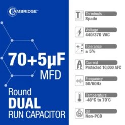 Cambridge 2.17 In. X 2.17 In. X 4.53 In. Aluminum 70 Plus 5 MFD, 440-Volt/370-Volt Dual Round Run Capacitor (1-Pack) -Fire Place Store cambridge grow room ventilation 202377pm 4f 1000