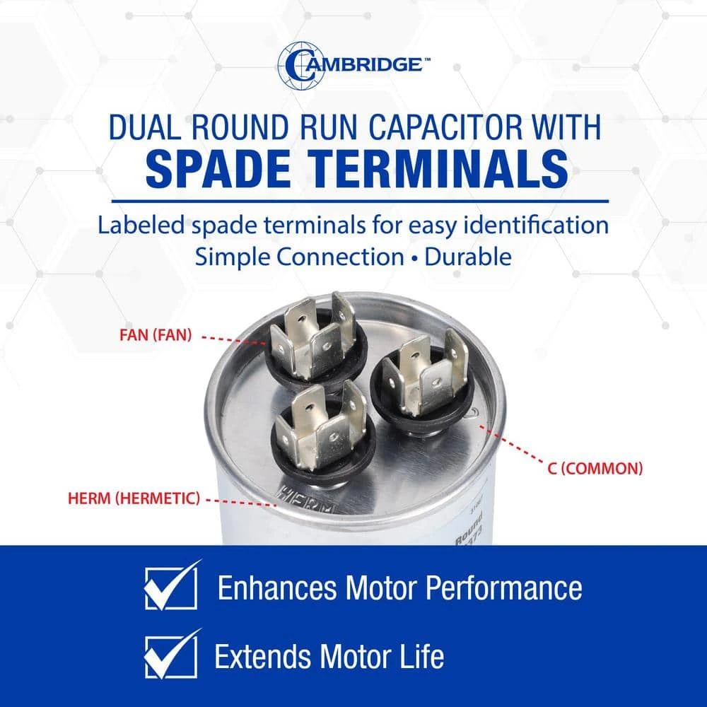 Cambridge 1.97 In. X 1.97 In. X 3.94 In. Aluminum 45 Plus 10 MFD, 440-Volt/370-Volt Dual Round Run Capacitor (1-Pack) 4 Cambridge 1.97 In. X 1.97 In. X 3.94 In. Aluminum 45 Plus 10 MFD, 440-Volt/370-Volt Dual Round Run Capacitor (1-Pack) - Image 4