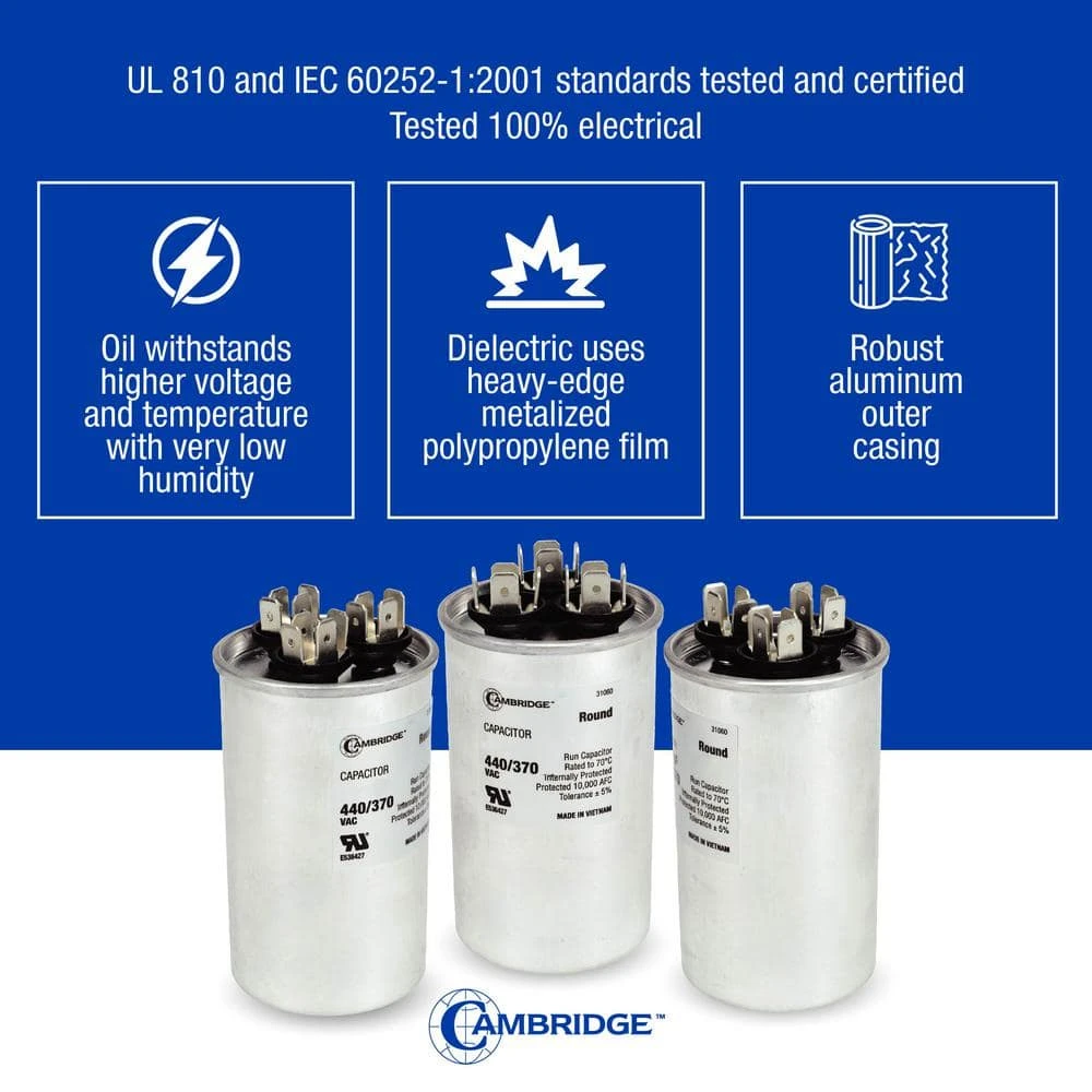 Cambridge 1.97 In. X 1.97 In. X 3.94 In. Aluminum 45 Plus 10 MFD, 440-Volt/370-Volt Dual Round Run Capacitor (1-Pack) 5 Cambridge 1.97 In. X 1.97 In. X 3.94 In. Aluminum 45 Plus 10 MFD, 440-Volt/370-Volt Dual Round Run Capacitor (1-Pack) - Image 5