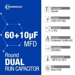 Cambridge 2.17 In. X 2.17 In. X 4.13 In. Aluminum 60 Plus 10 MFD, 440-Volt/370-Volt Dual Round Run Capacitor (1-Pack) -Fire Place Store cambridge grow room ventilation 202583pm 4f 1000