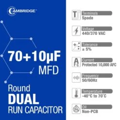 Cambridge 2.17 In. X 2.17 In. X 4.53 In. Aluminum 70 Plus 10 MFD, 440-Volt/370-Volt Dual Round Run Capacitor (1-Pack) -Fire Place Store cambridge grow room ventilation 202584pm 4f 1000