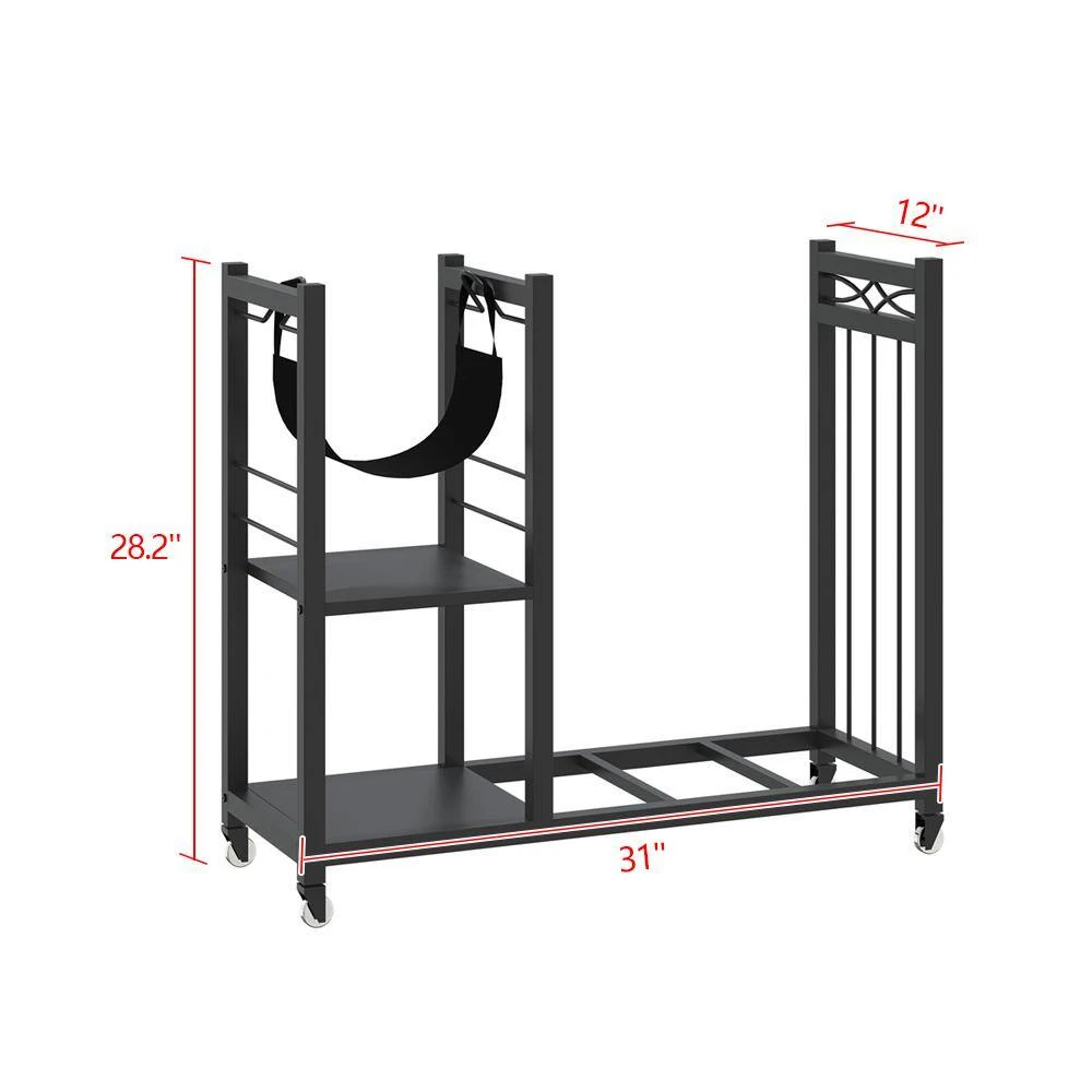 31 In. W Black Outdoor Metal Firewood Rack With 4 Wheels 2 31 In. W Black Outdoor Metal Firewood Rack With 4 Wheels - Image 2