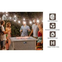 24.8 In. H X 44 In. W 50,000 BTU Propane Fire Pit Table, Rattan Fire Pit Table With Glass Wind Guard, Gray Wicker -Fire Place Store cesicia outdoor fireplaces w kfc 06 1f 1000