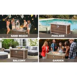 24.8 In. H X 44 In. W 50,000 BTU Propane Fire Pit Table, Rattan Fire Pit Table With Glass Wind Guard, Gray Wicker -Fire Place Store cesicia outdoor fireplaces w kfc 06 31 1000