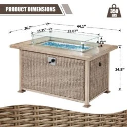 24.8 In. H X 44 In. W 50,000 BTU Propane Fire Pit Table, Rattan Fire Pit Table With Glass Wind Guard, Gray Wicker -Fire Place Store cesicia outdoor fireplaces w kfc 06 44 1000