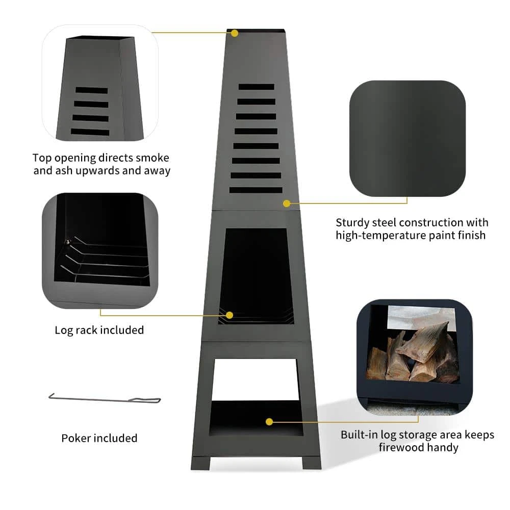 59 In. Wood Burning Chiminea Fire Pit With Built-in Log Storage, Wood Burning Fireplace 2 59 In. Wood Burning Chiminea Fire Pit With Built-in Log Storage, Wood Burning Fireplace - Image 2