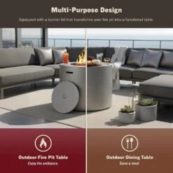 Loren 32 In. W 50,000 BTU Round Propane Gas Alloy Steel Frame Concrete Style Fire Pit Table In Gray -Fire Place Store concrete gray kinger home gas fire pits fp 009tgry 1f 1000