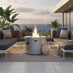 Loren 32 In. W 50,000 BTU Round Propane Gas Alloy Steel Frame Concrete Style Fire Pit Table In Gray -Fire Place Store concrete gray kinger home gas fire pits fp 009tgry 31 1000