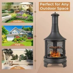 67.5 In. H Outdoor Metal Black Fire Pit Chiminea 2-In-1 Wood Burning Fireplace With Grill -Fire Place Store costway outdoor fireplaces hcst02631 1f 1000