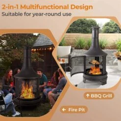 67.5 In. H Outdoor Metal Black Fire Pit Chiminea 2-In-1 Wood Burning Fireplace With Grill -Fire Place Store costway outdoor fireplaces hcst02631 44 1000