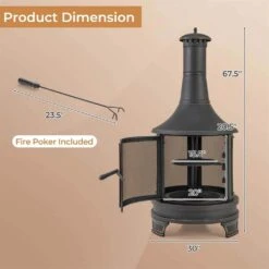67.5 In. H Outdoor Metal Black Fire Pit Chiminea 2-In-1 Wood Burning Fireplace With Grill -Fire Place Store costway outdoor fireplaces hcst02631 4f 1000