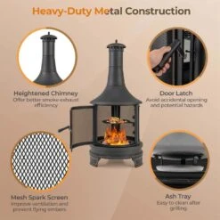 67.5 In. H Outdoor Metal Black Fire Pit Chiminea 2-In-1 Wood Burning Fireplace With Grill -Fire Place Store costway outdoor fireplaces hcst02631 76 1000