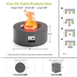 30 In. Round Propane Fire Pit Table 50,000 BTU Gray Outdoor Fire Table With Lid, Rocks And Cover-Backyard Fire Pits -Fire Place Store dark gray evita gas fire pits ft061 1f 1000