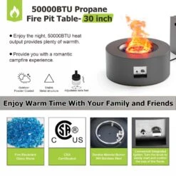 30 In. Round Propane Fire Pit Table 50,000 BTU Gray Outdoor Fire Table With Lid, Rocks And Cover-Backyard Fire Pits -Fire Place Store dark gray evita gas fire pits ft061 44 1000
