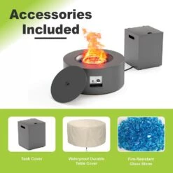 30 In. Round Propane Fire Pit Table 50,000 BTU Gray Outdoor Fire Table With Lid, Rocks And Cover-Backyard Fire Pits -Fire Place Store dark gray evita gas fire pits ft061 4f 1000