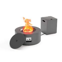 30 In. Round Propane Fire Pit Table 50,000 BTU Gray Outdoor Fire Table With Lid, Rocks And Cover-Backyard Fire Pits